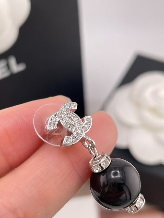Chanel Black Crystal Logo Pierced Drop Earrings - Ann Chanel Silver CC Logo Crystal Black Bead Drop Dangle Earrings Authentic
